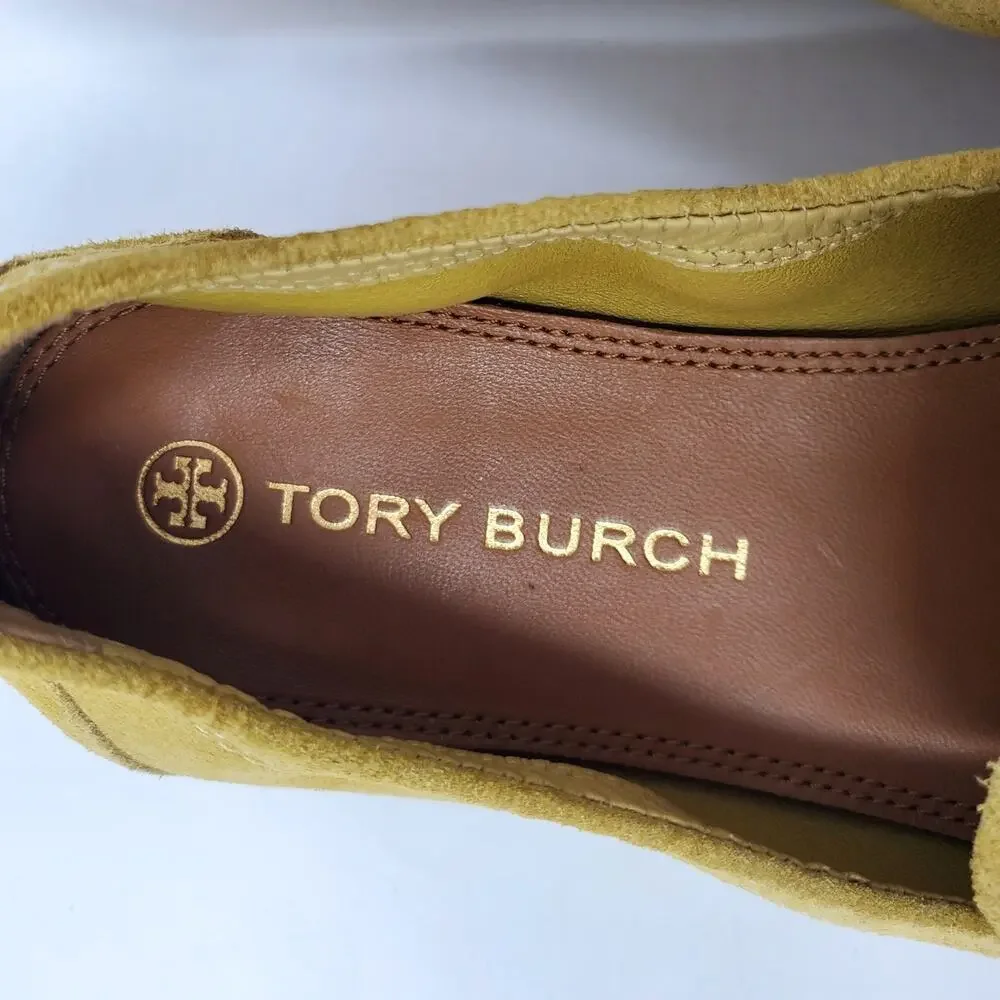 Tory Burch Ballet Loafers Flats Split Suede Leather Yellow Cornbread Size 7.5
